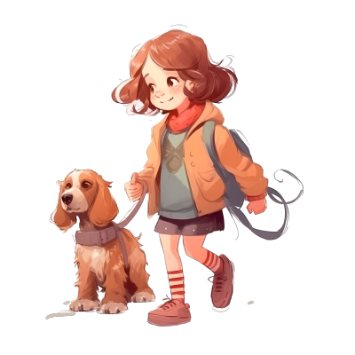 可爱小女孩遛狗的插画素材