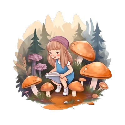 森林采蘑菇的小女孩插画高清PNG素材