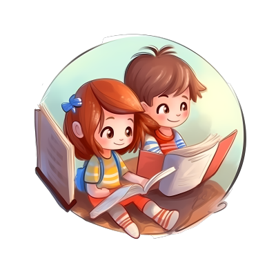 可爱幼儿园插画 PNG 素材：小男孩和小女孩阅读