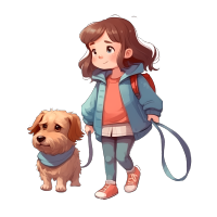 卡通小女孩遛狗插画