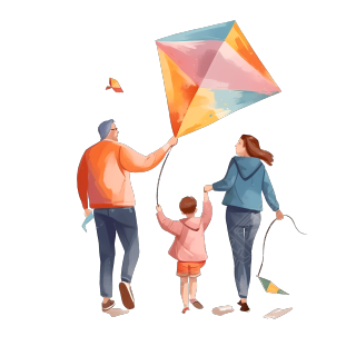 童趣插画设计：家长带着孩子放风筝