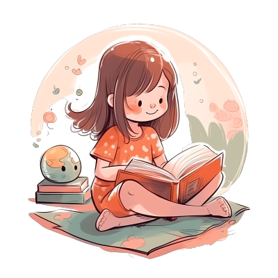 小女孩坐着读书PNG图形素材