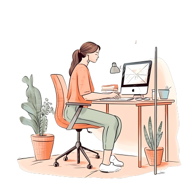女子操作电脑的办公室场景图片-商用透明PNG素材