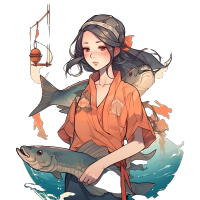 海边少女抱鱼插画素材