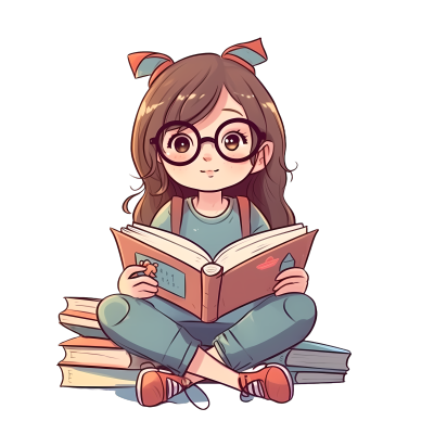 坐在书籍边上阅读的女孩插画