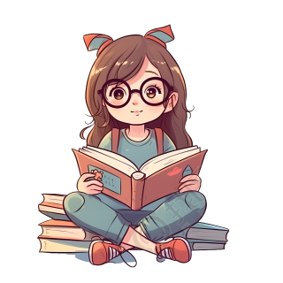 坐在书籍边上阅读的女孩插画