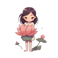 赤脚小女孩手持莲花卡通插画图片