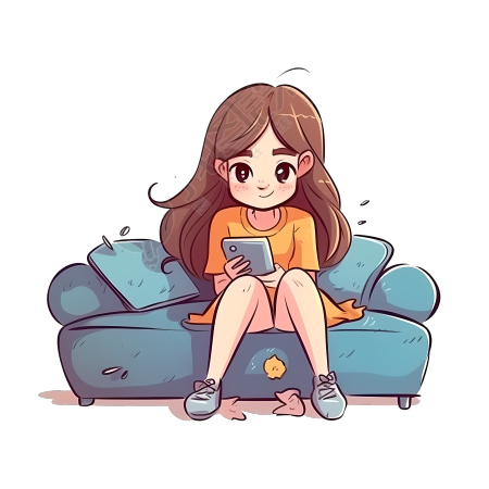 长发少女玩手机卡通矢量图