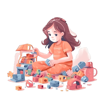 坐着玩积木玩具的小女生插画设计素材