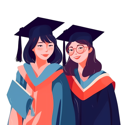毕业季两个漂亮的亚洲女孩插画设计