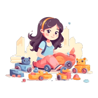 白底扁平插画玩小熊火车的女孩