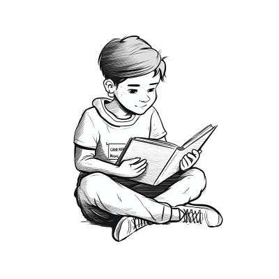 黑白素描小男孩读书插画图片