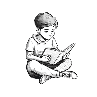 黑白素描小男孩读书插画图片