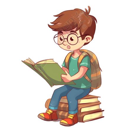 商用插画戴眼镜阅读的男孩PNG图形素材