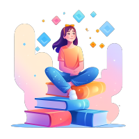 坐在书上发散思维的女孩插画PNG素材