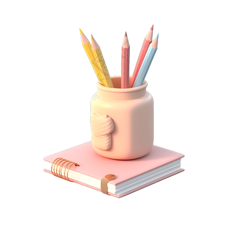 粉色本子和乳白色笔筒里的彩铅