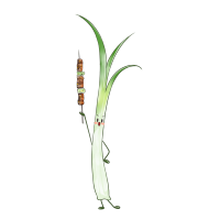 带表情的小葱手拿美味烧烤素材