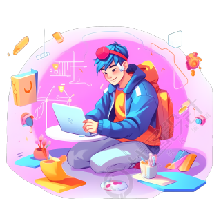 紫色系男生用笔记本电脑社交插画