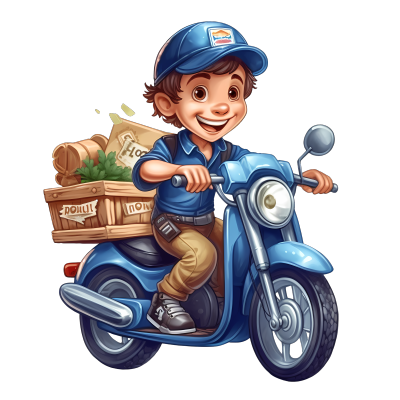 男孩骑着蓝色小摩托车送快递插画