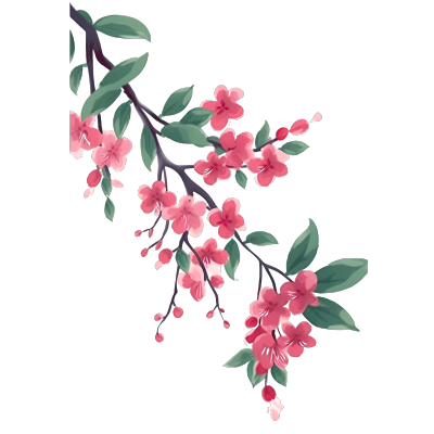 粉色花朵绿叶渐变墨水风格PNG图形素材