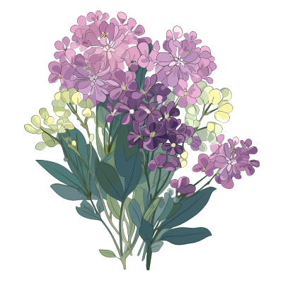 粉紫色鲜花叶子绿渐变古董墨水扁平插画