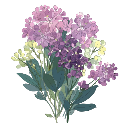 粉紫色鲜花叶子绿渐变古董墨水扁平插画