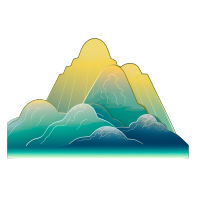 手绘蓝绿渐变金边山脉插画素材