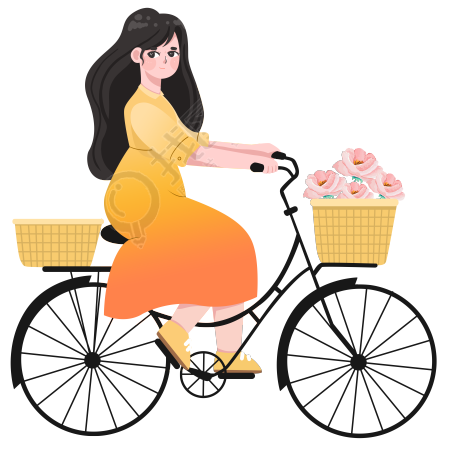 手绘女生骑自行车游玩插画
