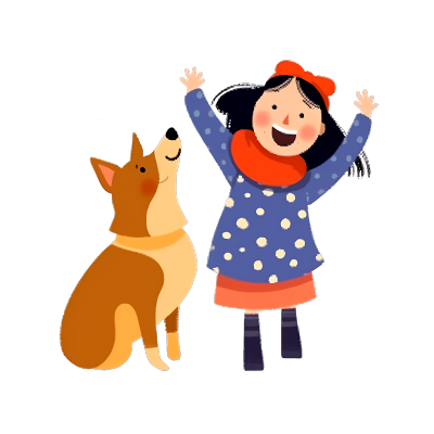手绘开心的小女生和狗狗插画