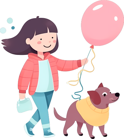 手拿粉色气球遛狗的小女生素材