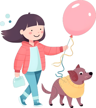 手拿粉色气球遛狗的小女生素材