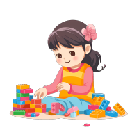 卡通小女生独自玩积木插画素材