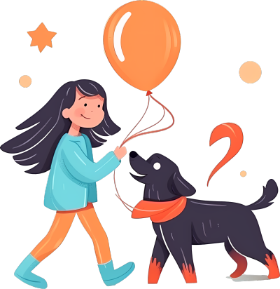 温馨画面女孩和狗狗玩气球插画