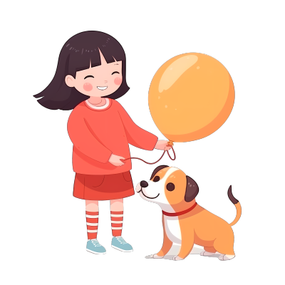 可爱亚洲小女孩与宠物狗玩气球素材