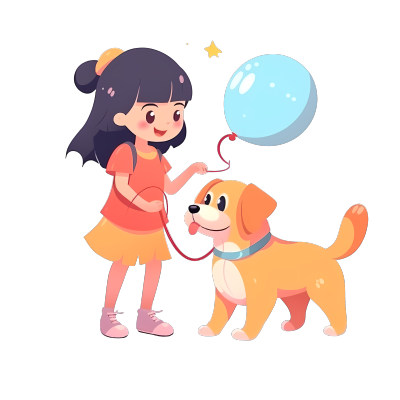 一起快乐玩耍的小女孩和狗狗插画