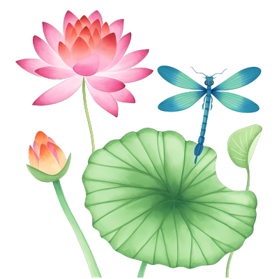 鲜艳的荷花龙蜻蜓插画设计素材