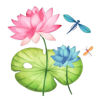 手绘蓝色粉色荷花龙虫透明图素材