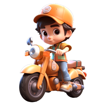 橙色安全头盔的卡通男孩摩托车插画