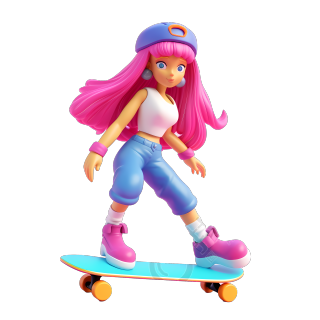 粉色系滑板女孩插画素材