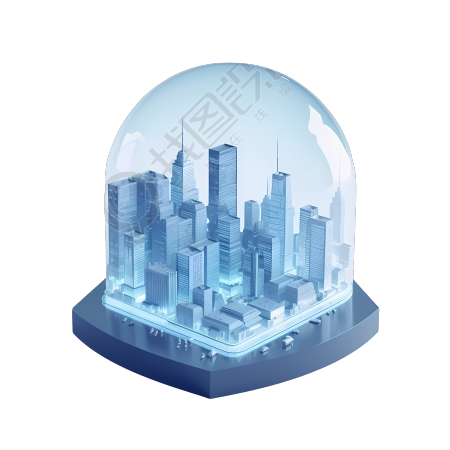 3D立体玻璃罩内的城市插画