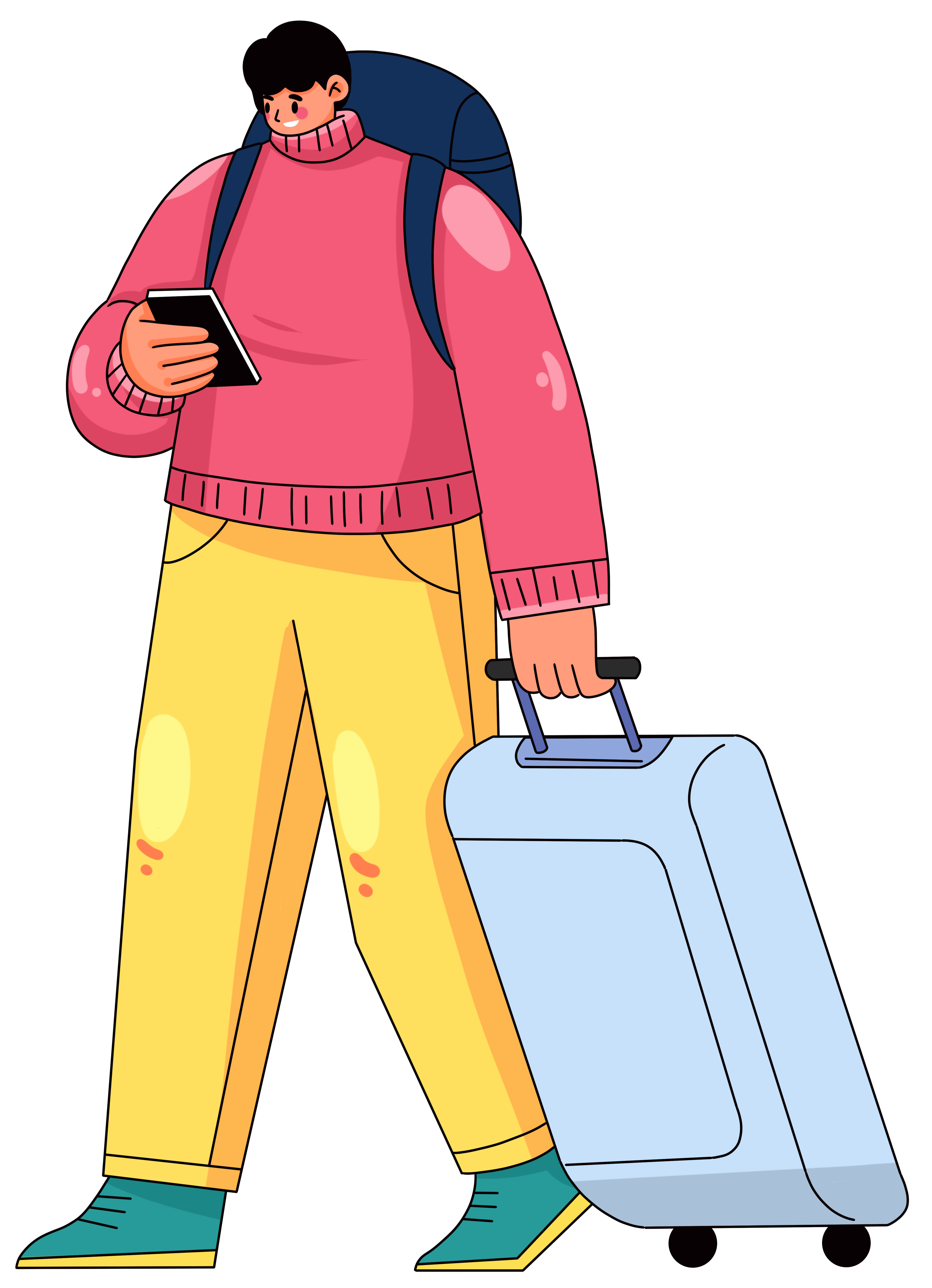 拖行李箱回家的夸张比例男孩插画