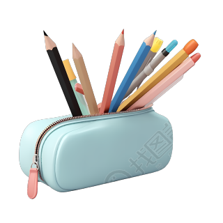 软色调3D笔袋和笔商用插画