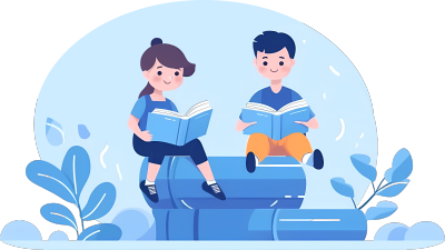 蓝色系两名学生在书上阅读插画素材