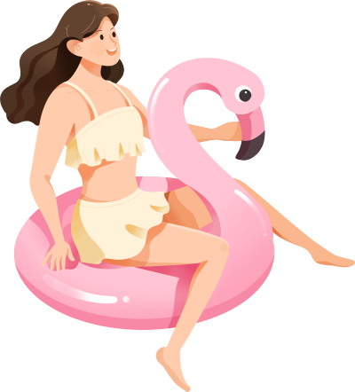 粉色火烈鸟游泳圈上的可爱卡通女孩PNG图形素材