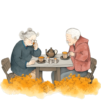 石桌上老夫妇喝茶插画设计