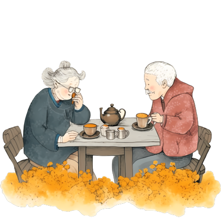 石桌上老夫妇喝茶插画设计