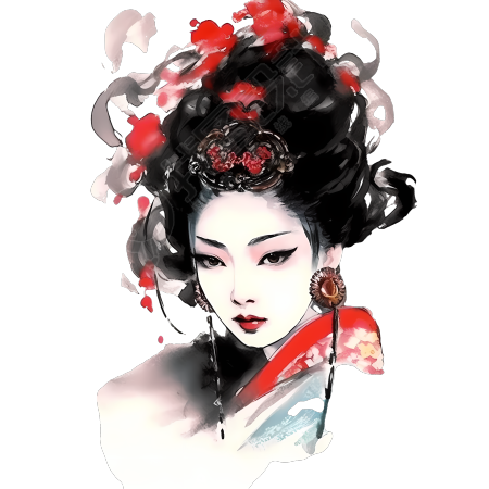 中国水墨风格女性插画白底图素材