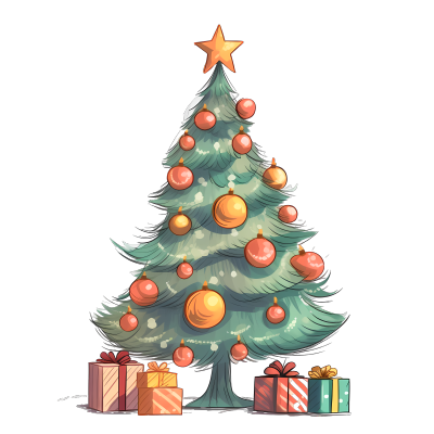 手绘彩色圣诞树礼盒透明PNG图形素材