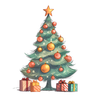 手绘彩色圣诞树礼盒透明PNG图形素材