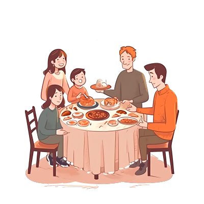 家庭聚餐手绘插画素材PNG透明背景